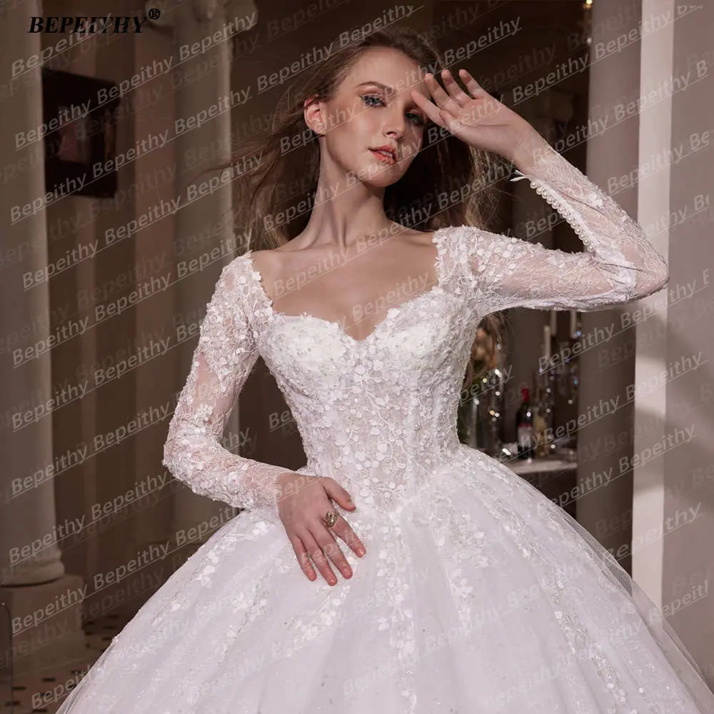 BEPEITHY Customized Princess Glitter Ivory Wedding Dresses Women Full Sleeves Lace Ball Bridal Gown Court Train 2026 Sweetheart