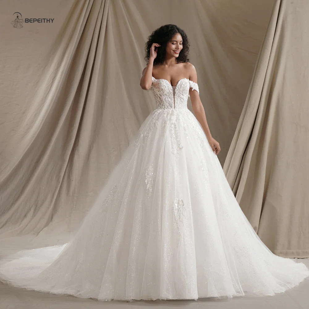BEPEITHY Customized Princess Glitter Ivory Wedding Dresses Women Full Sleeves Lace Ball Bridal Gown Court Train 2026 Sweetheart