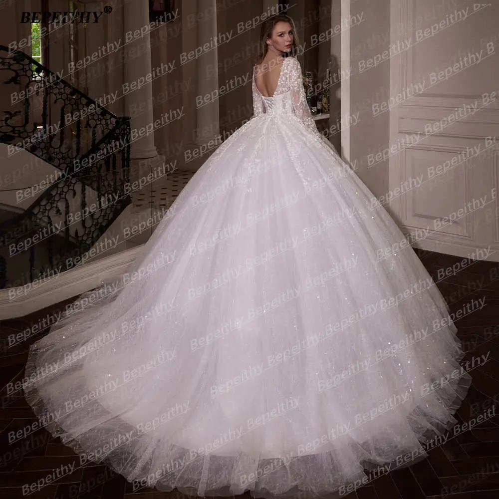 BEPEITHY Customized Princess Glitter Ivory Wedding Dresses Women Full Sleeves Lace Ball Bridal Gown Court Train 2026 Sweetheart