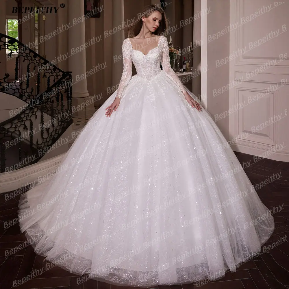 BEPEITHY Customized Princess Glitter Ivory Wedding Dresses Women Full Sleeves Lace Ball Bridal Gown Court Train 2026 Sweetheart