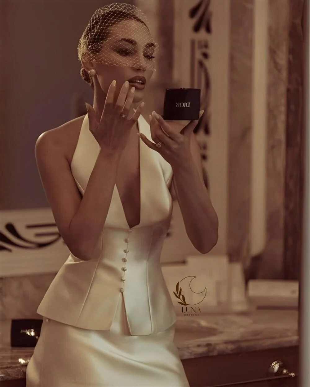 Luna Customized Beige V-Neck Halter Neck Wedding Dress Single Breasted Two-Piece Set Vestidos De Novia Short Evening Dresses