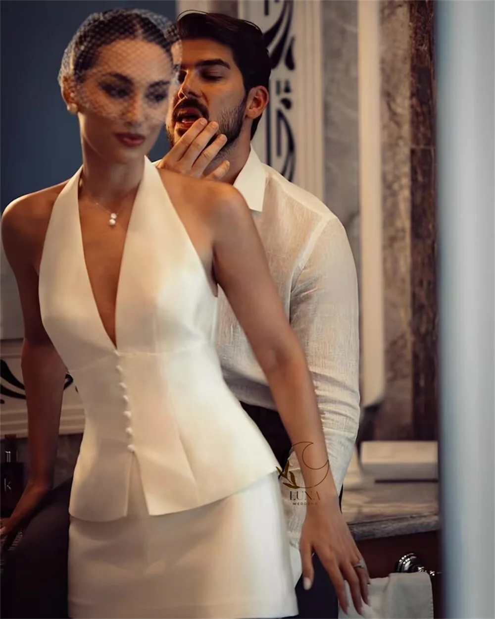 Luna Customized Beige V-Neck Halter Neck Wedding Dress Single Breasted Two-Piece Set Vestidos De Novia Short Evening Dresses