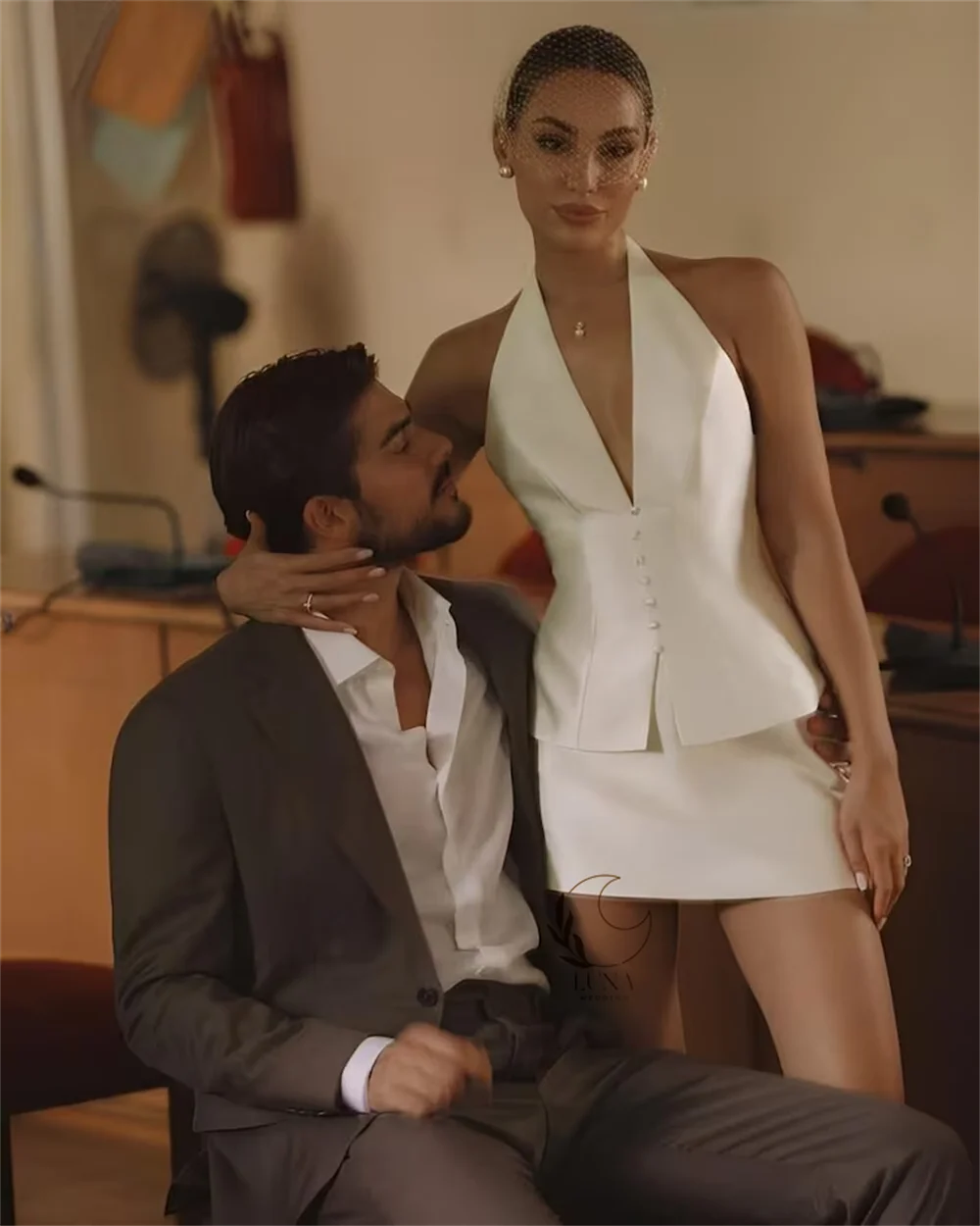 Luna Customized Beige V-Neck Halter Neck Wedding Dress Single Breasted Two-Piece Set Vestidos De Novia Short Evening Dresses
