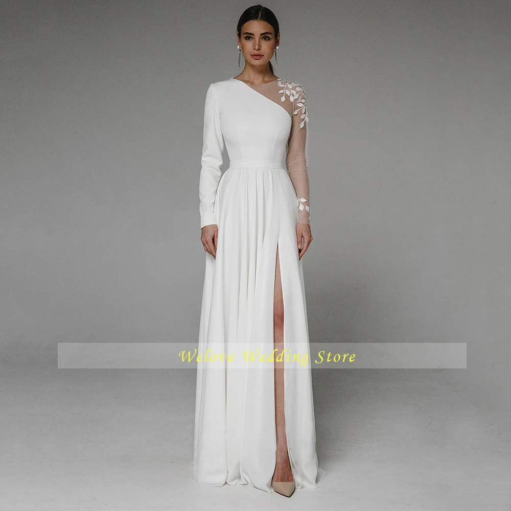 Asymmetrical Side Slit Wedding Dress Long Sleeve Civil Bridal Gown Party For Bride Button Applique Floor Length Свадебное платье