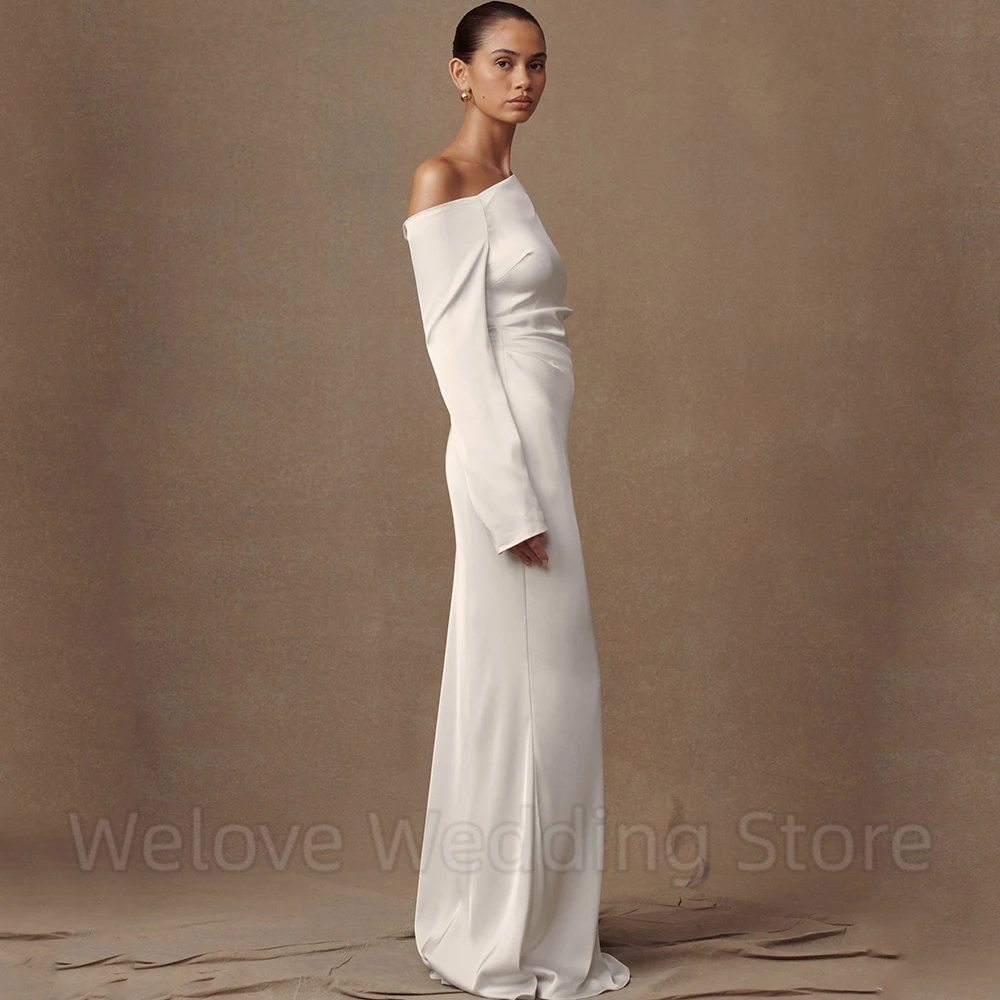 Welove Simple Boat Neck Mermaid Wedding Dress Bride Long Sleeves Off the Shoulder with Buttons Soft Satin Customized Gowns