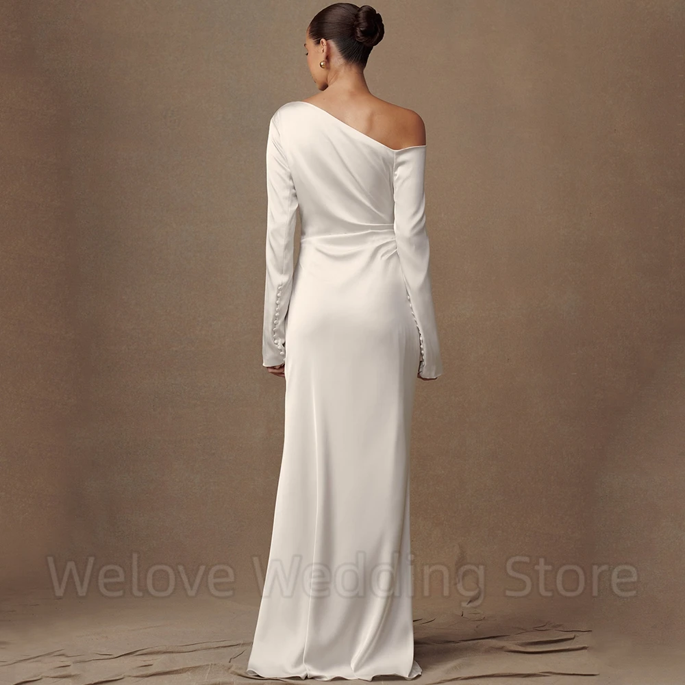 Welove Simple Boat Neck Mermaid Wedding Dress Bride Long Sleeves Off the Shoulder with Buttons Soft Satin Customized Gowns