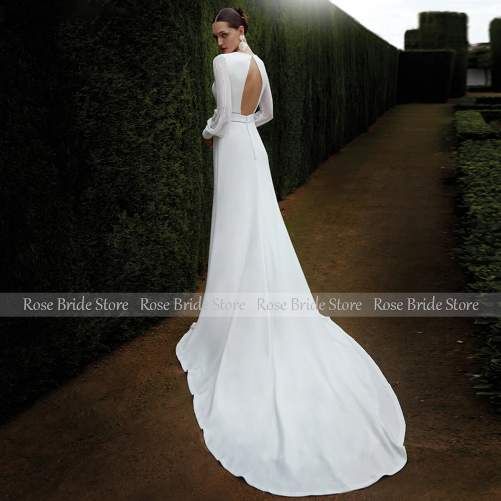 Customized Mermaid Wedding Dress Long Puffy Sleeves O Neck Trumpet Wedding Gowns for Women Backless Buttons Elegant Bridal Dress