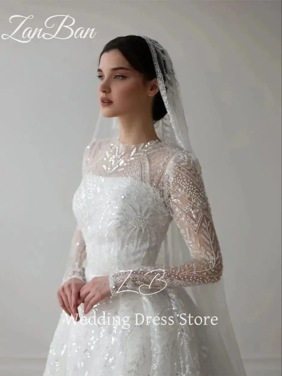 ZanBan Luxury Lace Beading A Line Wedding Dress Full Sleeves O Neck Bridal Gown Floor Length Modest Arabic Free Customized 2025