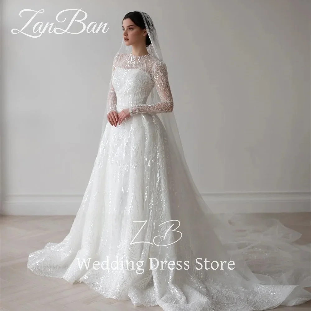 ZanBan Luxury Lace Beading A Line Wedding Dress Full Sleeves O Neck Bridal Gown Floor Length Modest Arabic Free Customized 2025