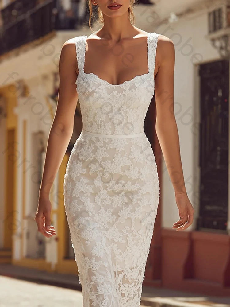 Elegant Ivory Sheath Spaghetti Strap Lace Appliqued Midi Wedding Dresses Exquisite High Quality Prom Party Gown Women Customized