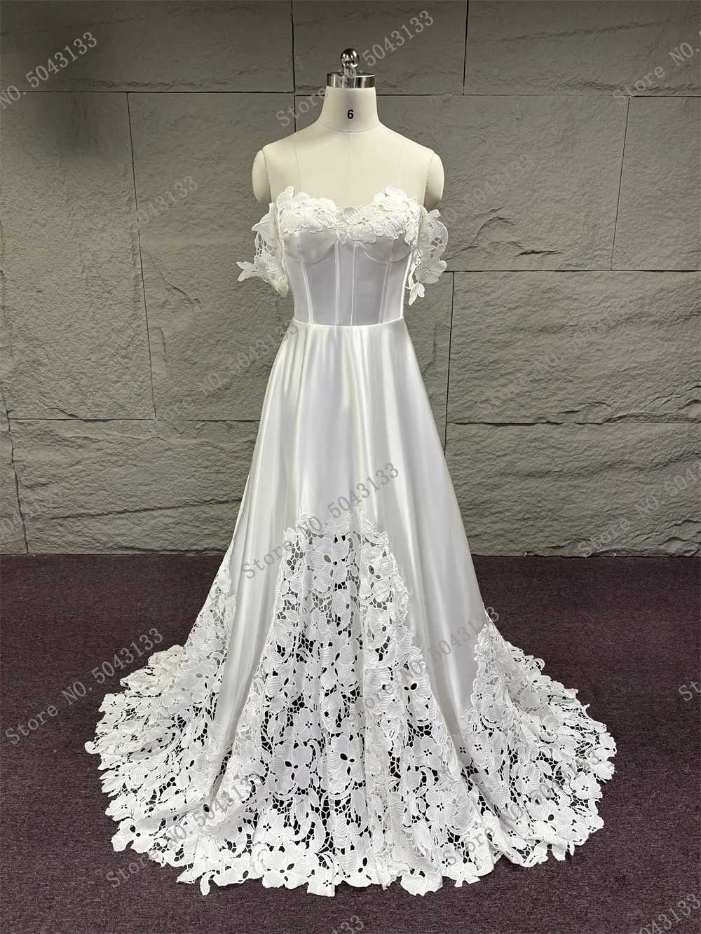 Customized Detachable Sleeves A Line Real Picture Wedding Dresses See Through Off the Shoulder Bridal Dress Lace and Satin