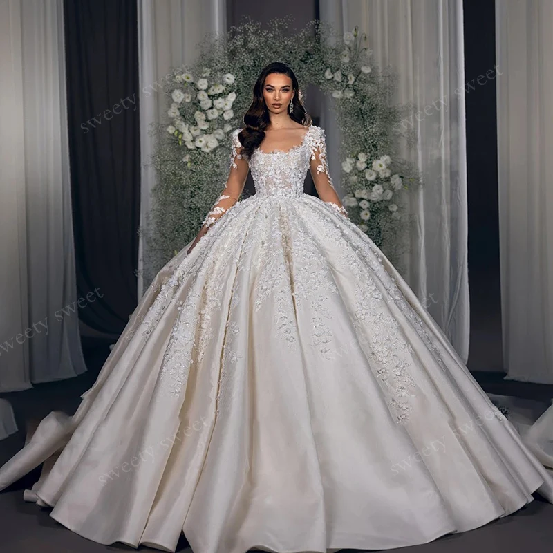 Exquisite Wedding Dress Satin With Embroidered Lace Ball Gown Full Sleeve Square Collar Customized Back Lace Up Vestido De Novia