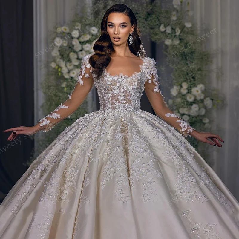 Exquisite Wedding Dress Satin With Embroidered Lace Ball Gown Full Sleeve Square Collar Customized Back Lace Up Vestido De Novia