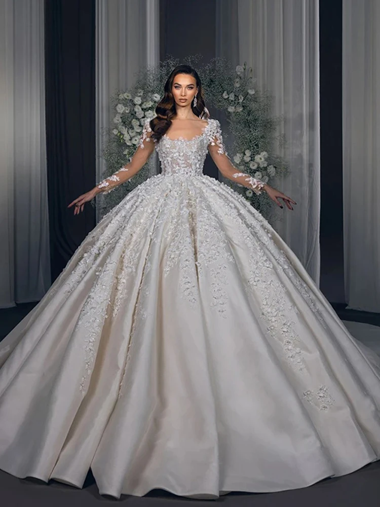 Exquisite Wedding Dress Satin With Embroidered Lace Ball Gown Full Sleeve Square Collar Customized Back Lace Up Vestido De Novia