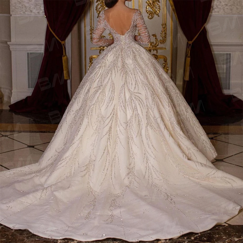 Beaded Sexy Bride Dresses Vestidos De Novia Luxury Hand Beaded Long Sleeve Wedding Dress Ball Gown Long Chapel Train