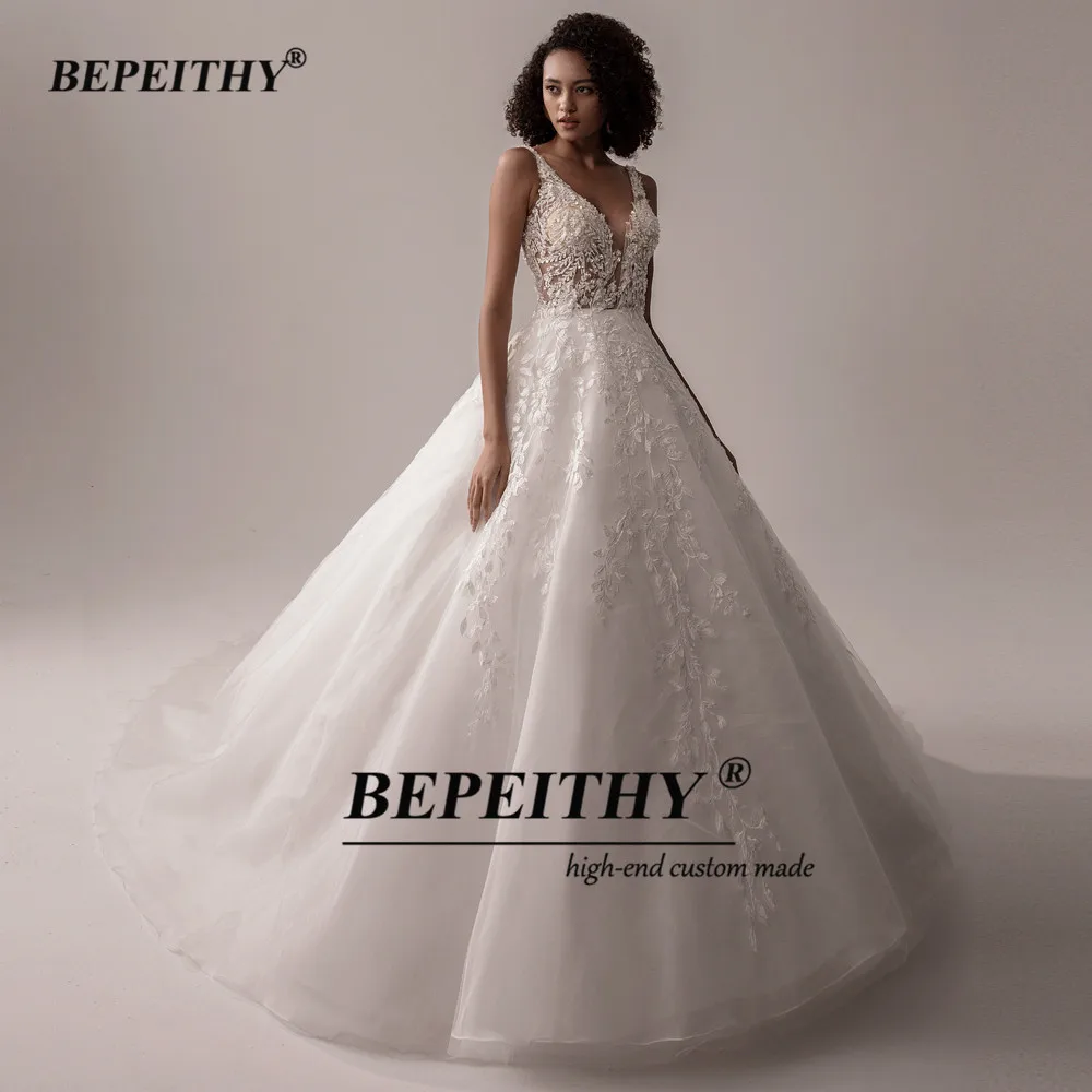 BEPEITHY Customized Vestido De Noiva V Neck Sleeveless Wedding Dresses 2026 For Women A Line Ivory Lace Bride Boho Bridal Gown