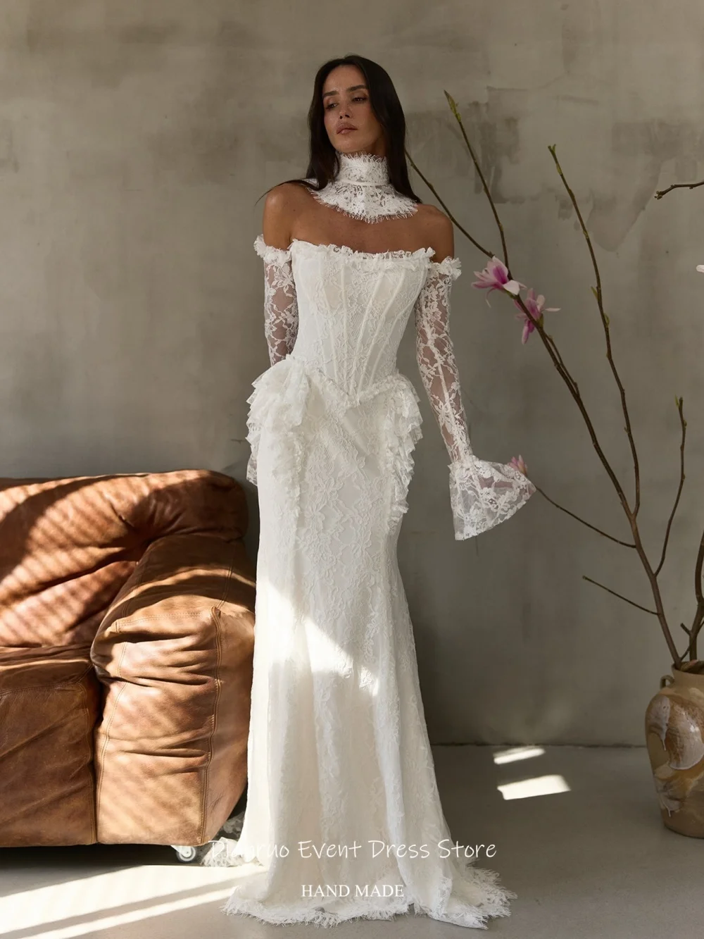 Dianruo Vintage Lace Flared Sleeves Wedding Dresses Appliques Women's Evening Dresses Mermaid Long Robe De Mariée Customized
