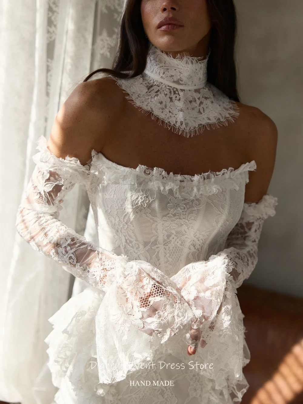 Dianruo Vintage Lace Flared Sleeves Wedding Dresses Appliques Women's Evening Dresses Mermaid Long Robe De Mariée Customized