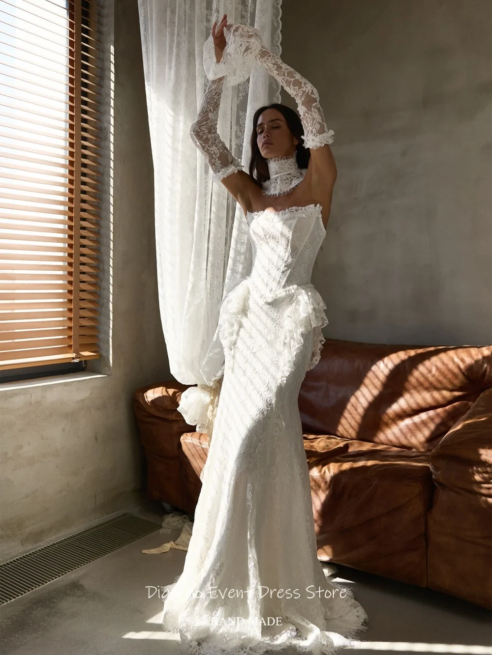 Dianruo Vintage Lace Flared Sleeves Wedding Dresses Appliques Women's Evening Dresses Mermaid Long Robe De Mariée Customized