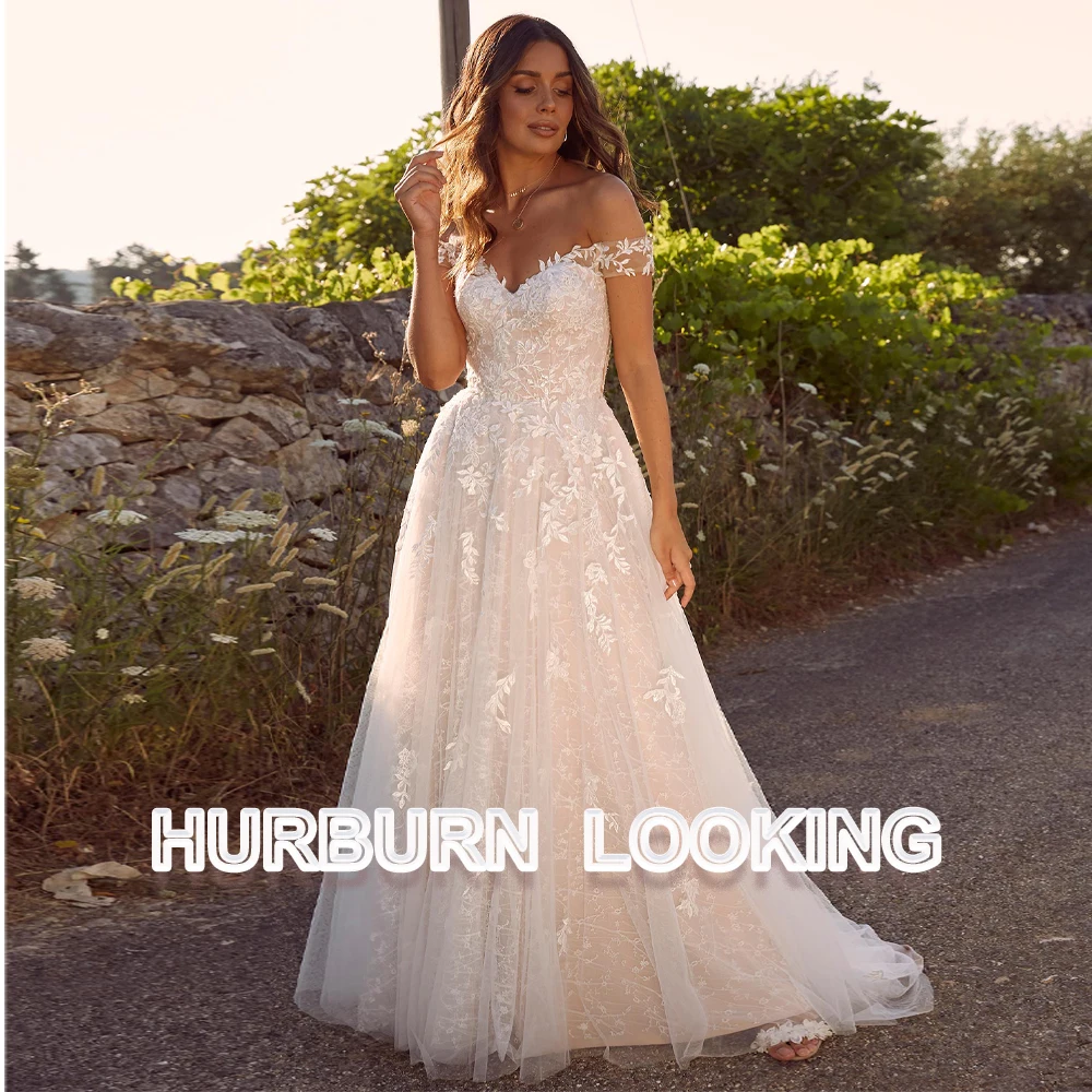 HERBURN Charming A-line Wedding Dresses for Women Bride Lace Appliques Illusion Puff Sleeves Backless Robe De Mariee Customized