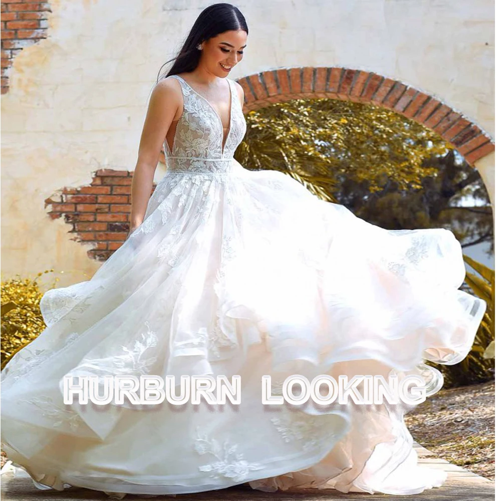 HERBURN Charming A-line Wedding Dresses for Women Bride Lace Appliques Illusion Puff Sleeves Backless Robe De Mariee Customized