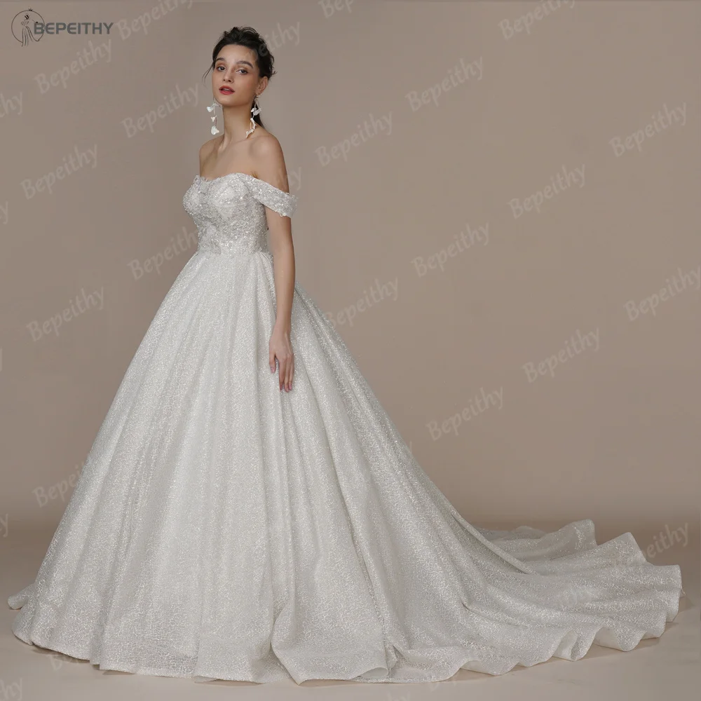 BEPEITHY Customized Luxury Strapless A Line Glitter Wedding Dresses Off The Shoulder Women Ivory Bling-Bling Bride Bridal Gown