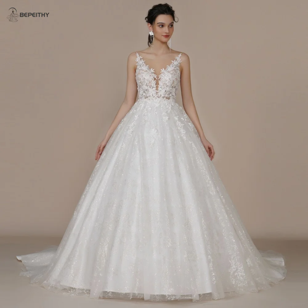 BEPEITHY Customized Luxury Strapless A Line Glitter Wedding Dresses Off The Shoulder Women Ivory Bling-Bling Bride Bridal Gown