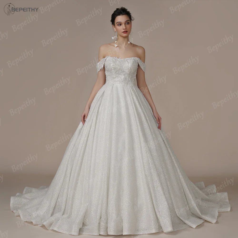 BEPEITHY Customized Luxury Strapless A Line Glitter Wedding Dresses Off The Shoulder Women Ivory Bling-Bling Bride Bridal Gown