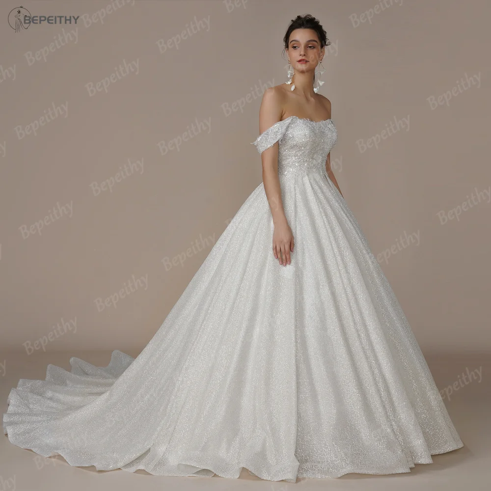BEPEITHY Customized Luxury Strapless A Line Glitter Wedding Dresses Off The Shoulder Women Ivory Bling-Bling Bride Bridal Gown