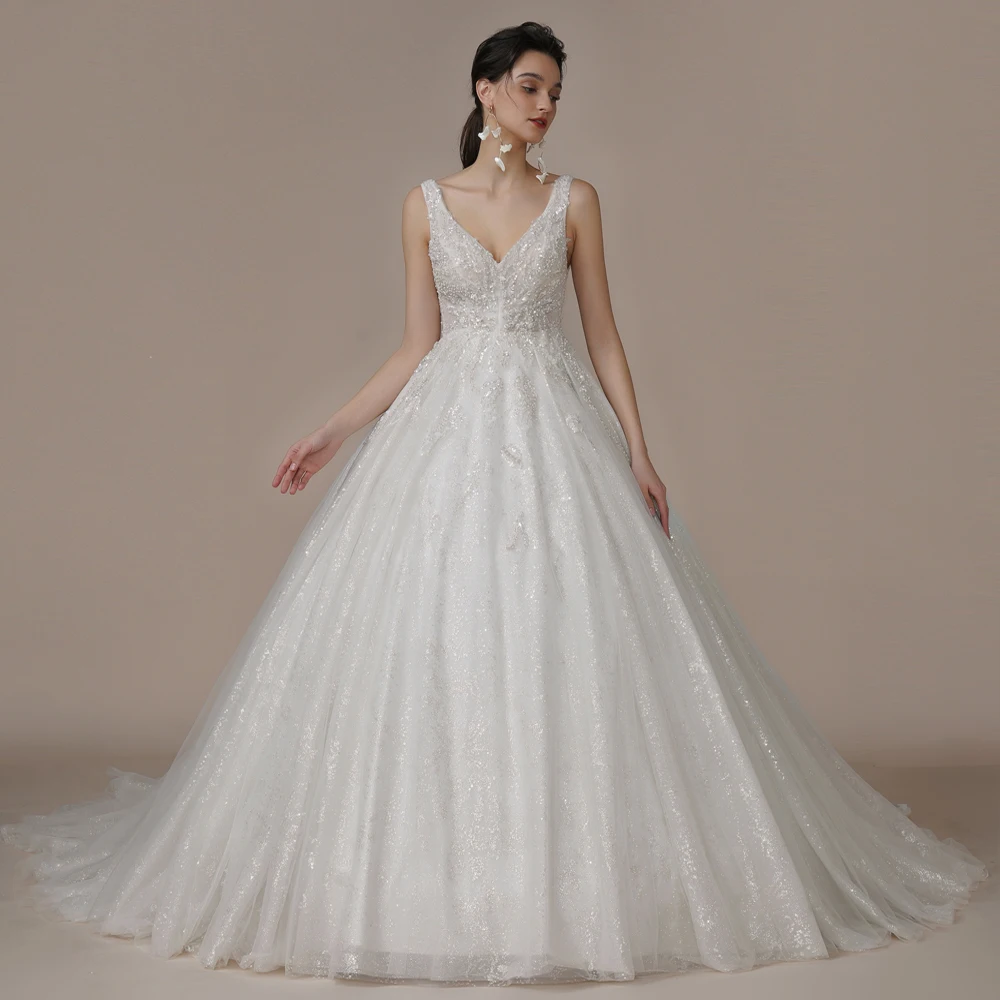 BEPEITHY Customized Luxury Strapless A Line Glitter Wedding Dresses Off The Shoulder Women Ivory Bling-Bling Bride Bridal Gown