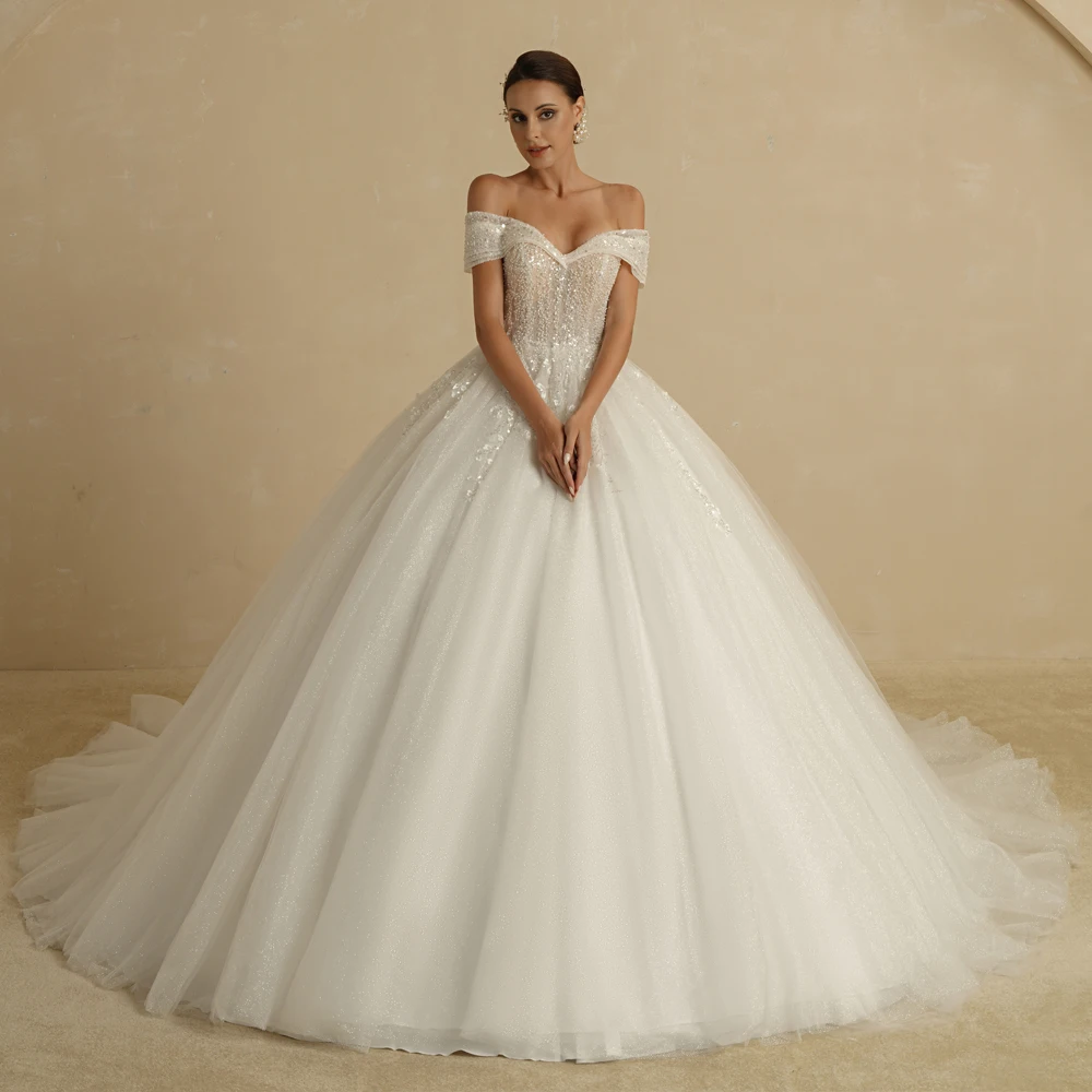 BEPEITHY Customized Luxury Strapless A Line Glitter Wedding Dresses Off The Shoulder Women Ivory Bling-Bling Bride Bridal Gown