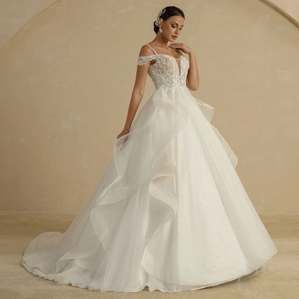 BEPEITHY Customized Luxury Strapless A Line Glitter Wedding Dresses Off The Shoulder Women Ivory Bling-Bling Bride Bridal Gown