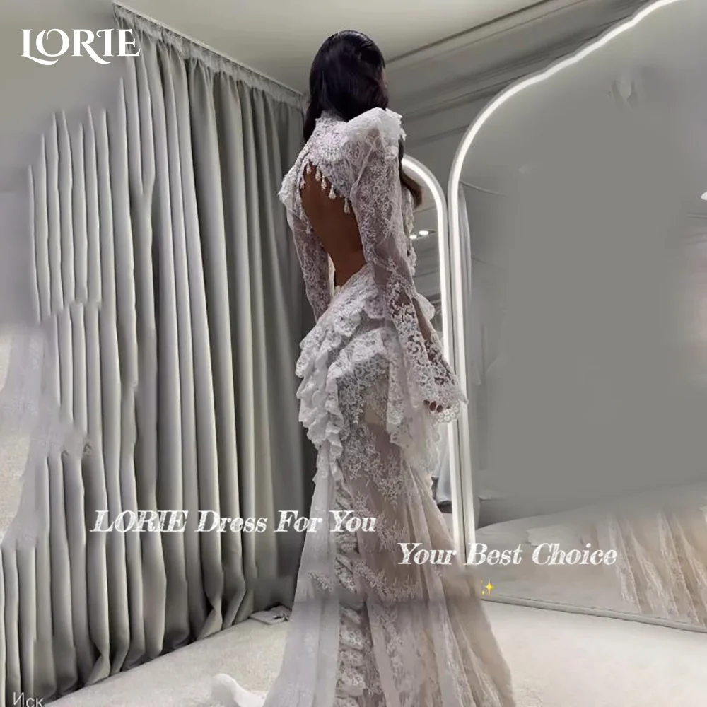 LORIE Vintage Lace Mermaid Wedding Dress Sexy High Collar Long Sleeve Bridal PartryGown Backless Princess Bride Dress Customized