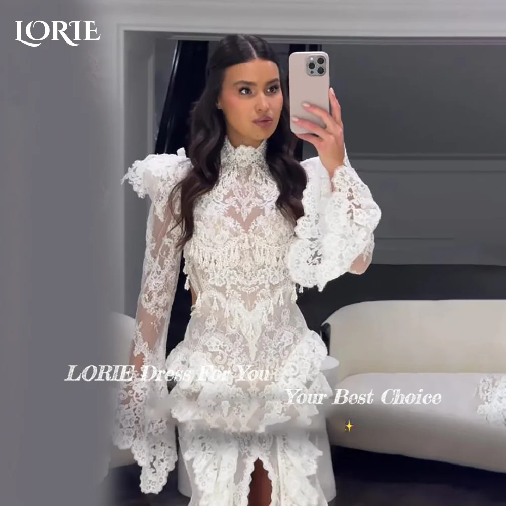 LORIE Vintage Lace Mermaid Wedding Dress Sexy High Collar Long Sleeve Bridal PartryGown Backless Princess Bride Dress Customized