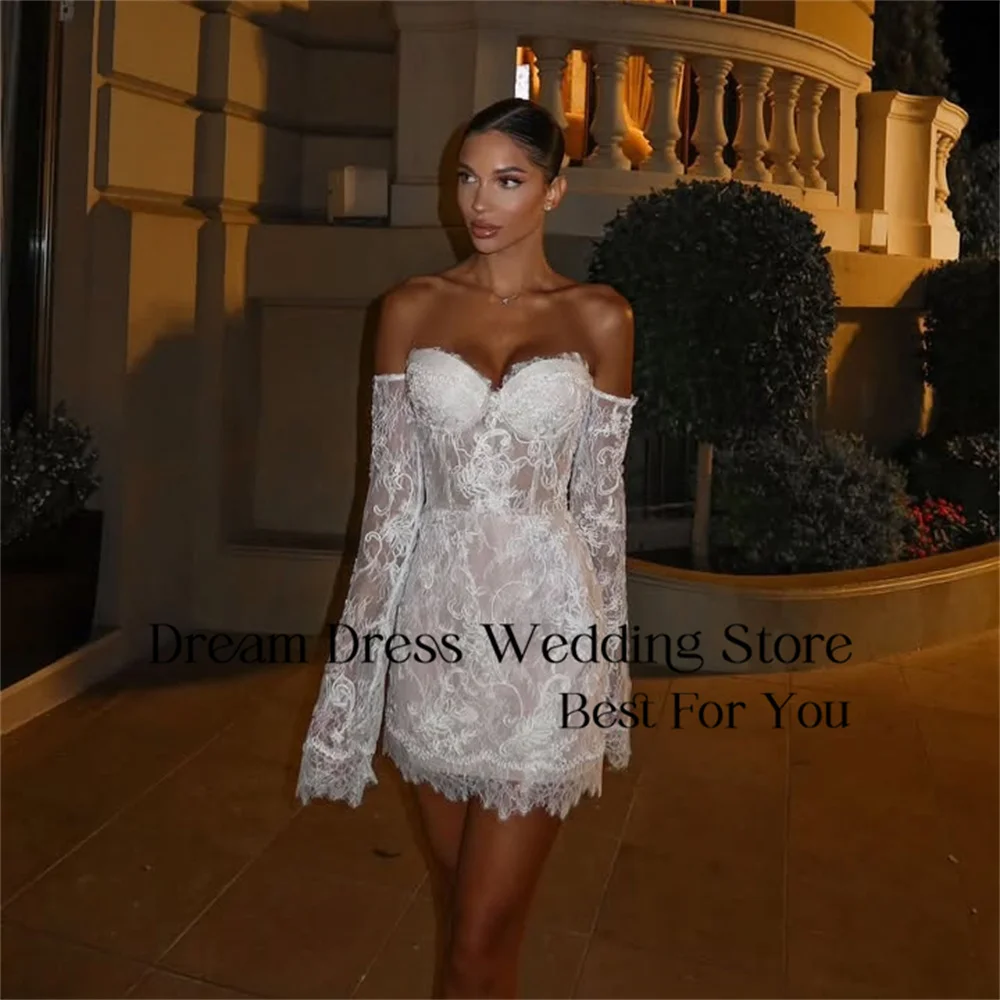 DREAM Lace Sweetheart Sheath Short Wedding Dress Women 2025 Long Sleeve Off The Shoulder Bridal Gown Vestido De Novia Customized