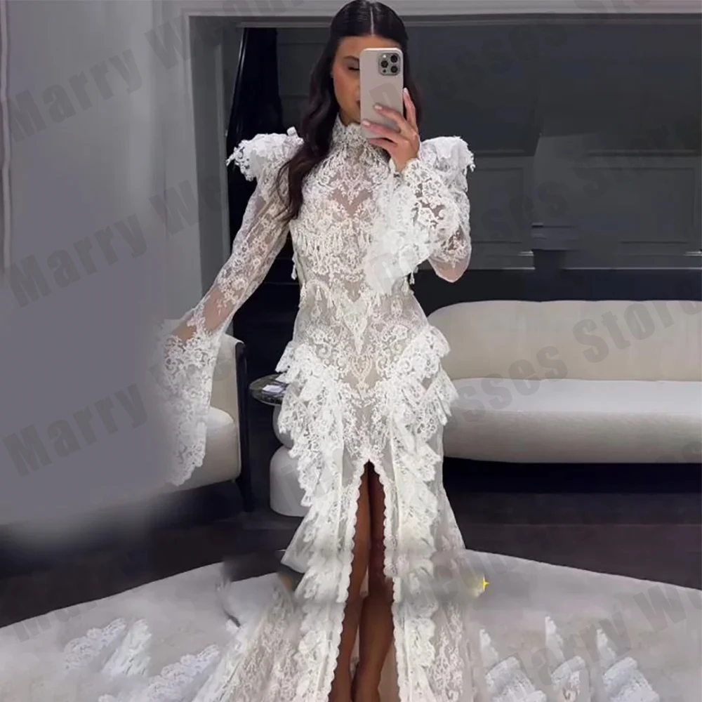 Luxury Women's Bridal Gowns Bohemian Lace Trumpet Sleeves High Collar Princess Ball Wedding Dresses Formal Party Customized Robe