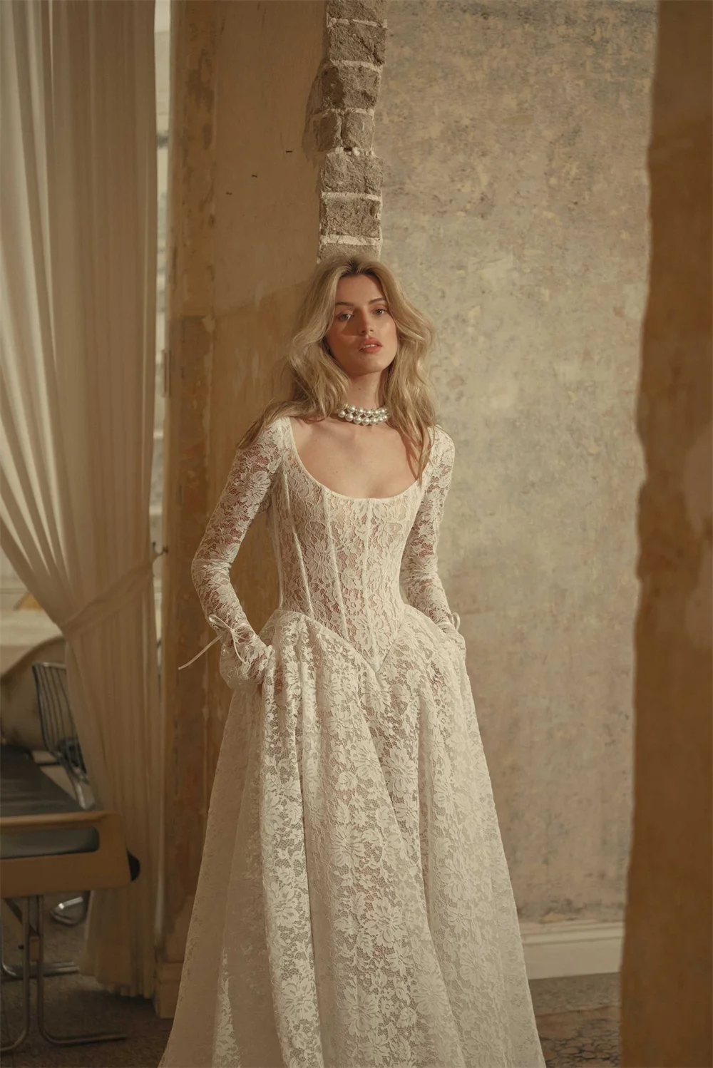 Kyoto Customized Exquisite Lace Square Neck Wedding Dress Long Sleeves A-line vestidos de noiva Court Train Evening Dresses 2025