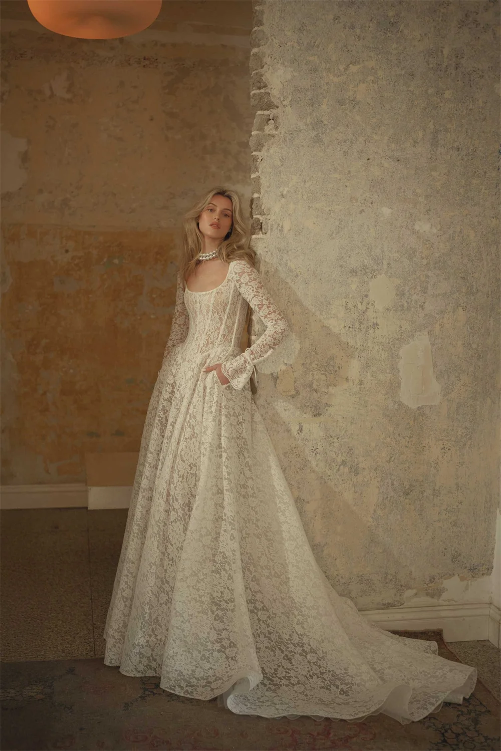 Kyoto Customized Exquisite Lace Square Neck Wedding Dress Long Sleeves A-line vestidos de noiva Court Train Evening Dresses 2025
