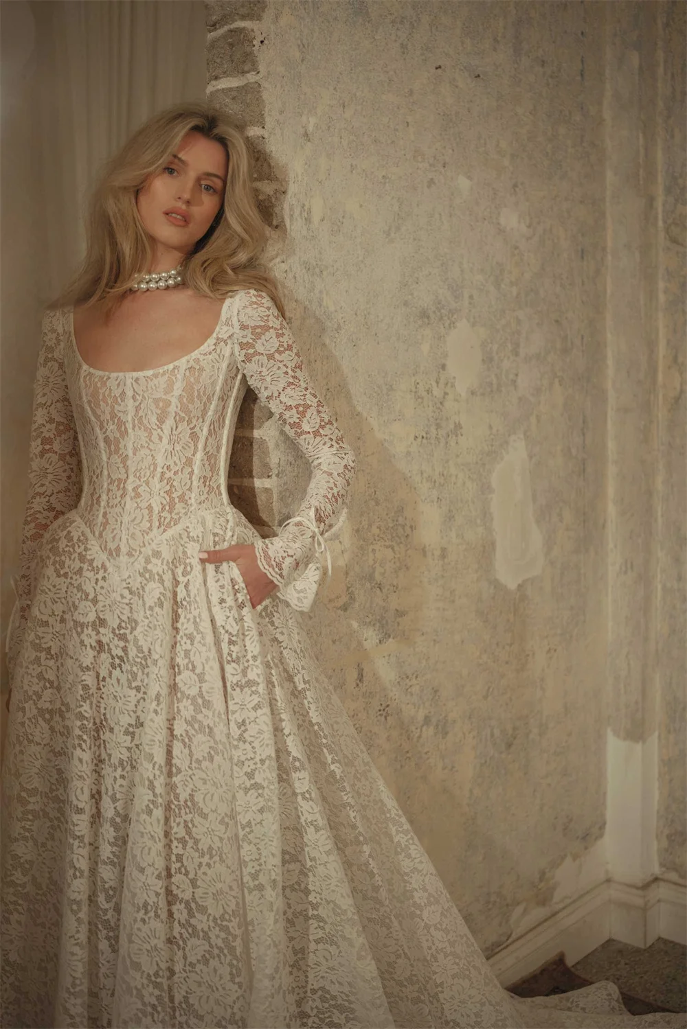Kyoto Customized Exquisite Lace Square Neck Wedding Dress Long Sleeves A-line vestidos de noiva Court Train Evening Dresses 2025