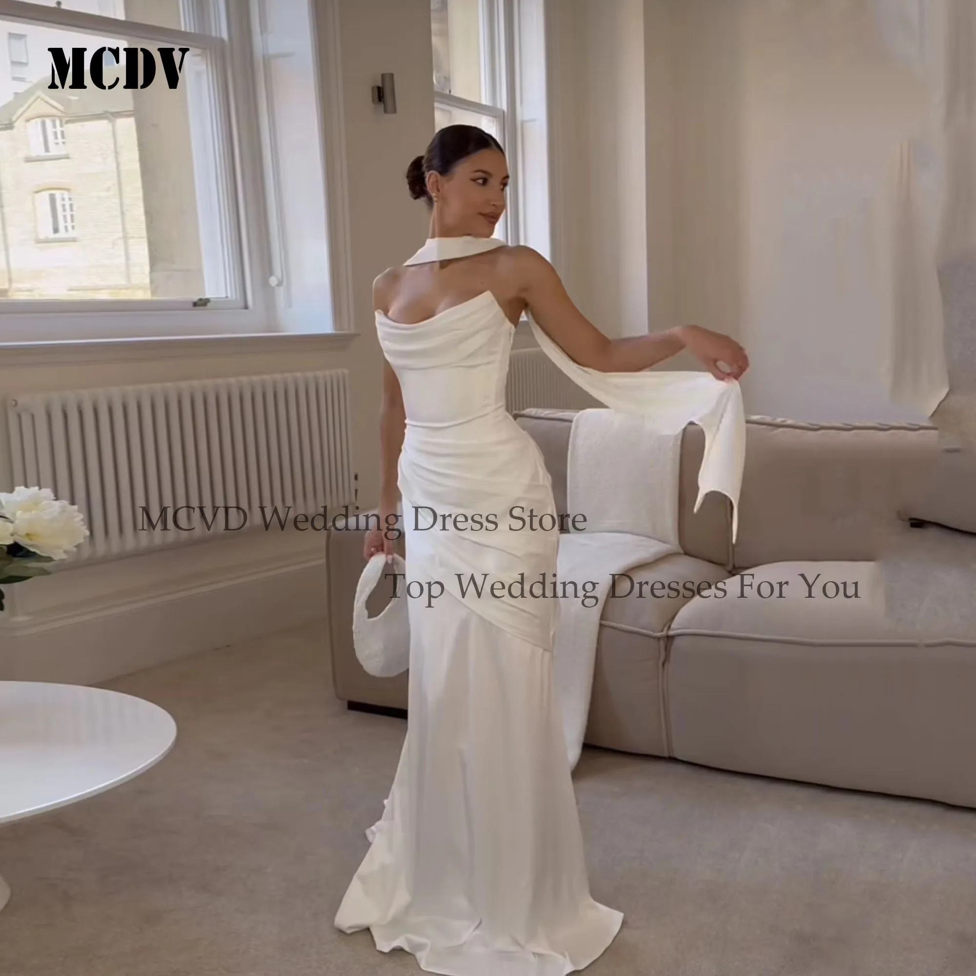 Satin Civil Wedding Dress 2026 Bride Strapless Sleeveless Pleat Bride Gowns Mermaid Lace Up Back Vestido De Novia Customized