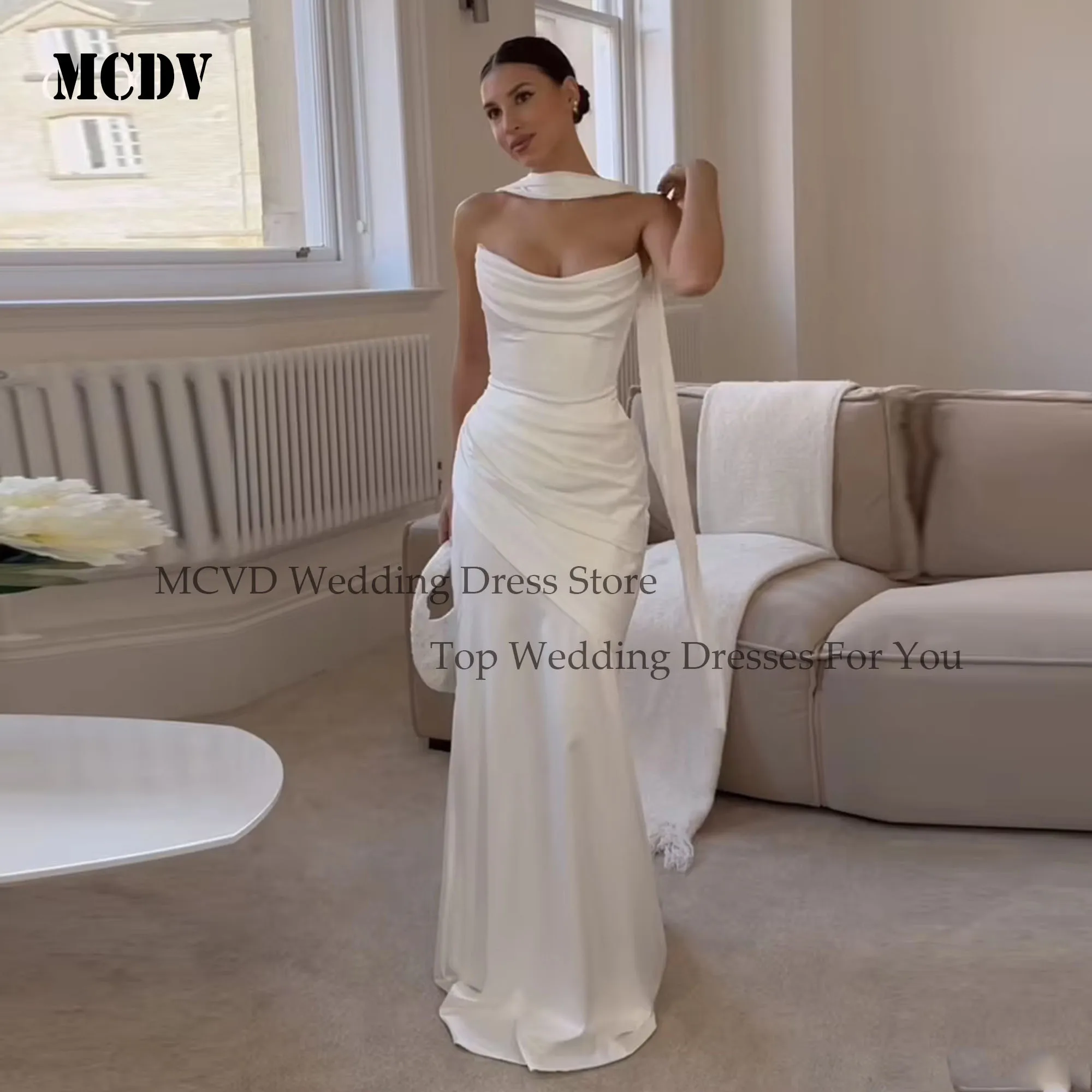 Satin Civil Wedding Dress 2026 Bride Strapless Sleeveless Pleat Bride Gowns Mermaid Lace Up Back Vestido De Novia Customized