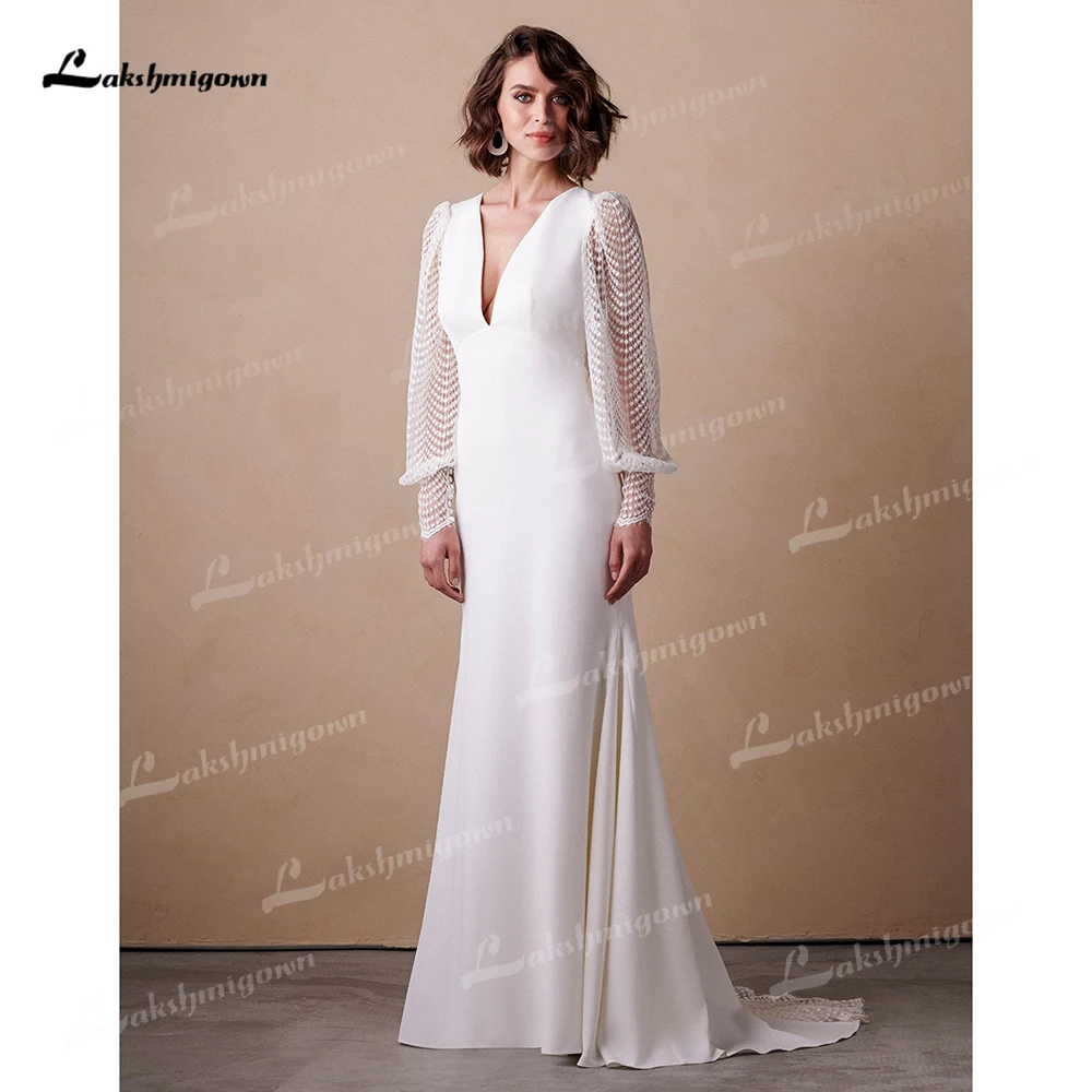 Sexy V Neck Open Back Lace Puff Sleeve Mermaid Wedding Dress for Women Boho Bridal Gown Vestidos De Novia 2025 Robe Customized