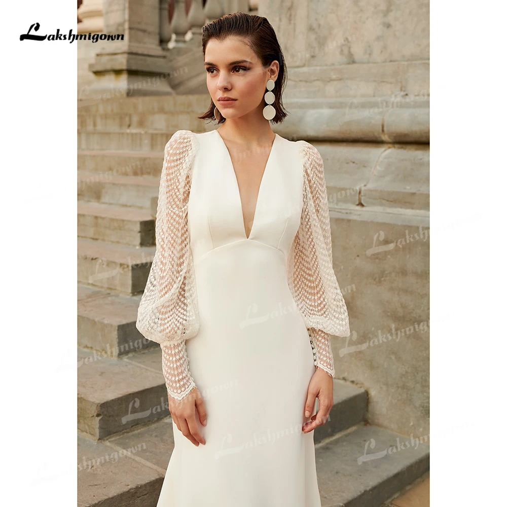 Sexy V Neck Open Back Lace Puff Sleeve Mermaid Wedding Dress for Women Boho Bridal Gown Vestidos De Novia 2025 Robe Customized
