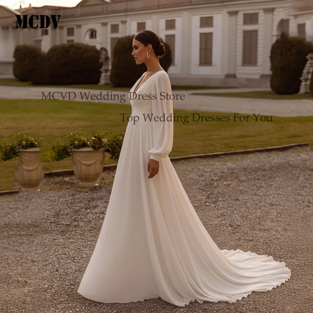 Chiffon A-Line Civil Wedding Dress Puff Sleeve V Neck Backless Vestido Noiva Minimalist Ivory Bride Party Gowns Customized
