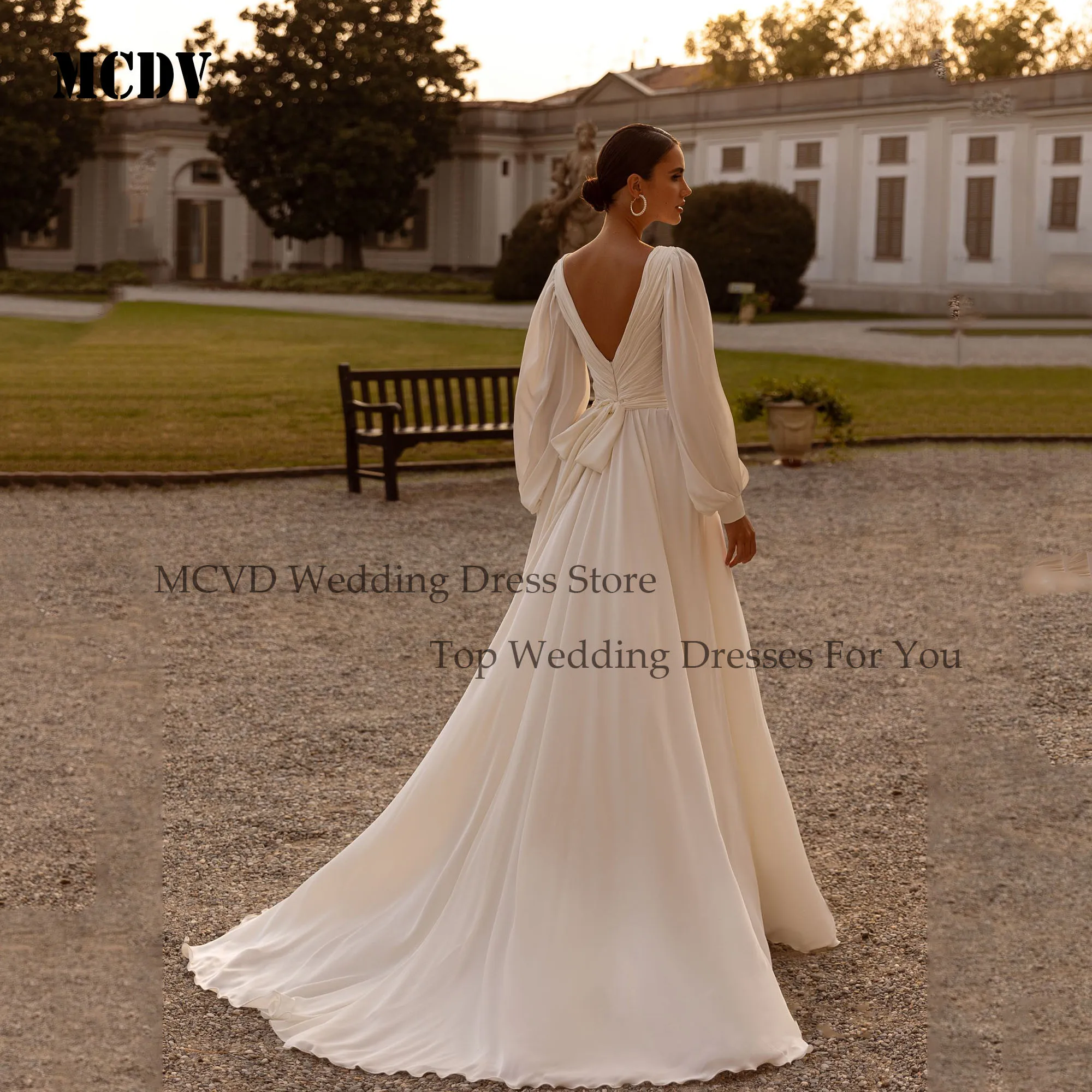 Chiffon A-Line Civil Wedding Dress Puff Sleeve V Neck Backless Vestido Noiva Minimalist Ivory Bride Party Gowns Customized