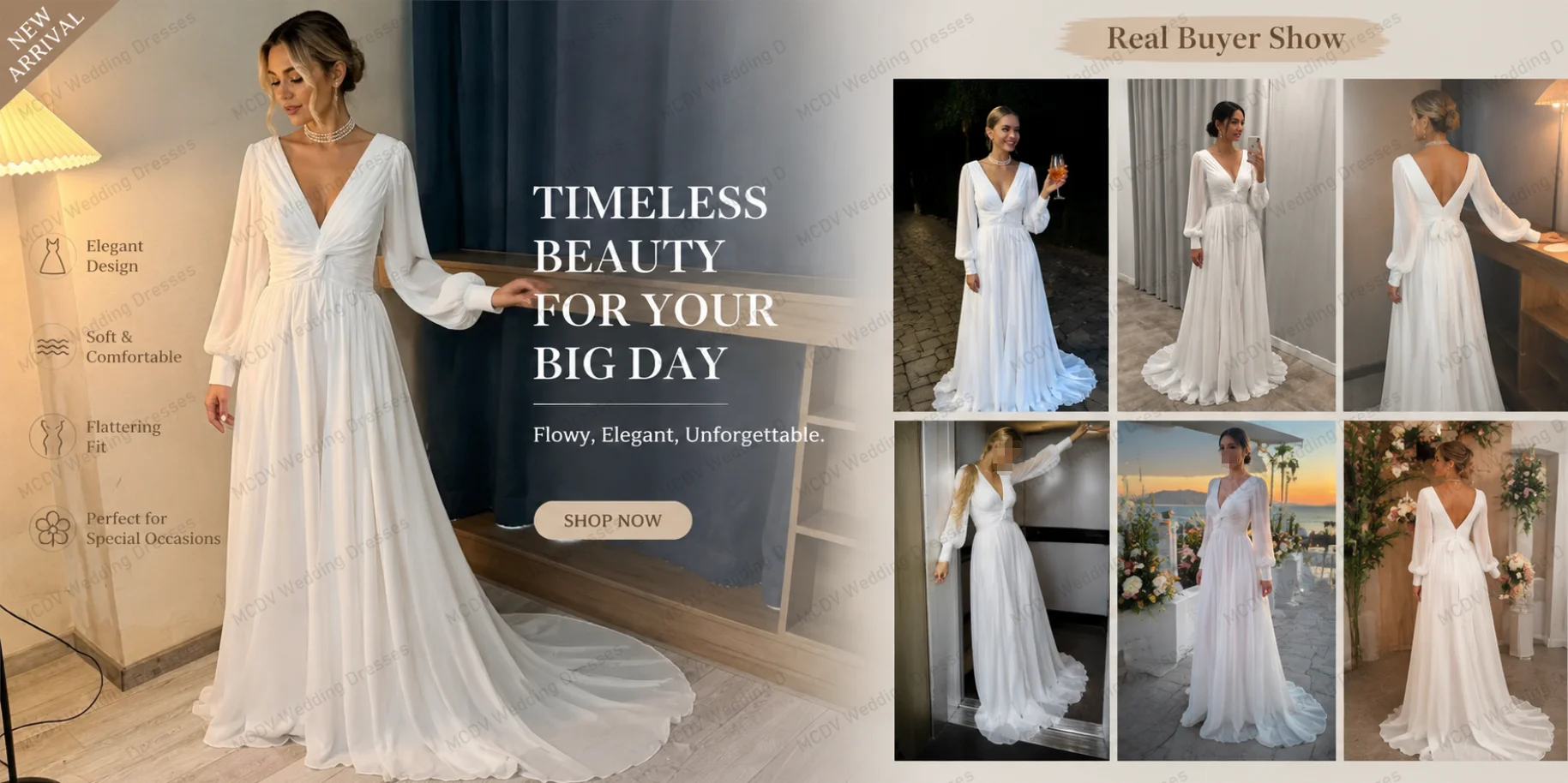 Chiffon A-Line Civil Wedding Dress Puff Sleeve V Neck Backless Vestido Noiva Minimalist Ivory Bride Party Gowns Customized