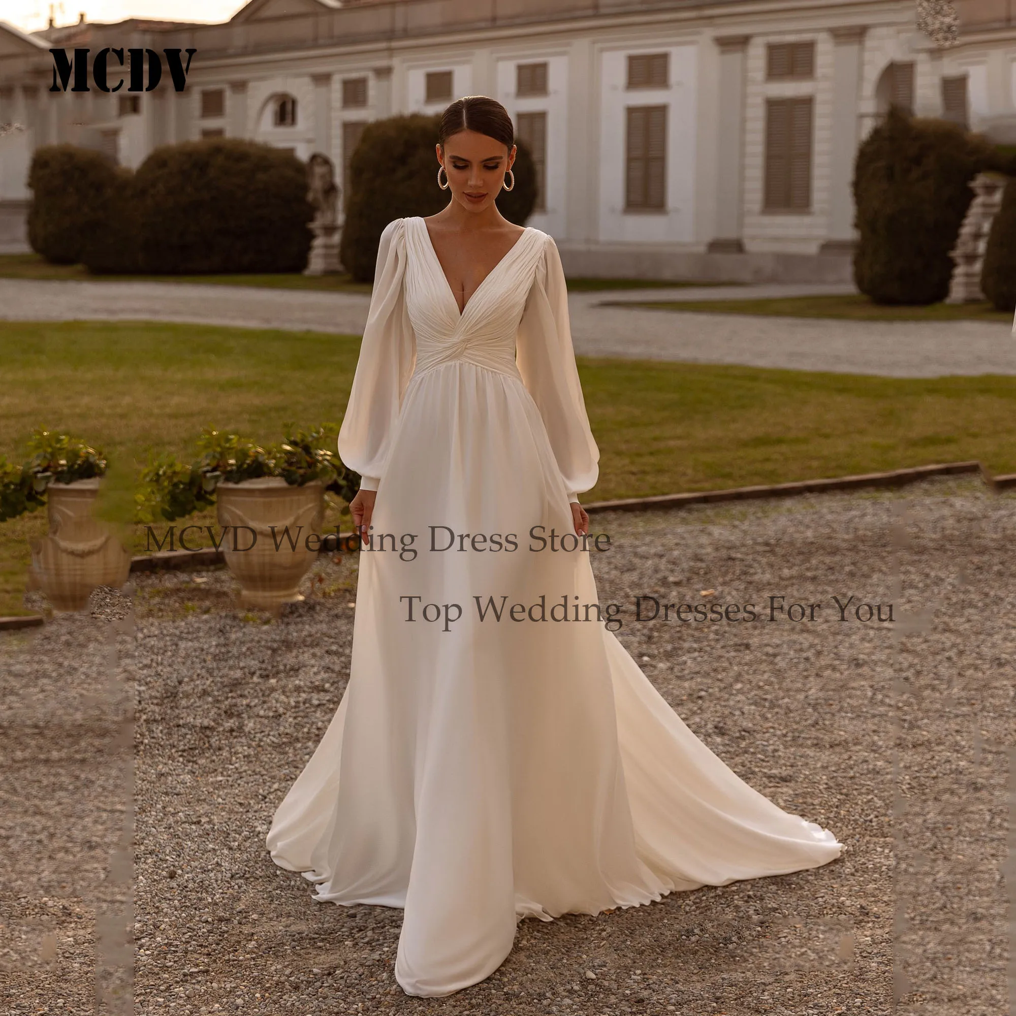 Chiffon A-Line Civil Wedding Dress Puff Sleeve V Neck Backless Vestido Noiva Minimalist Ivory Bride Party Gowns Customized