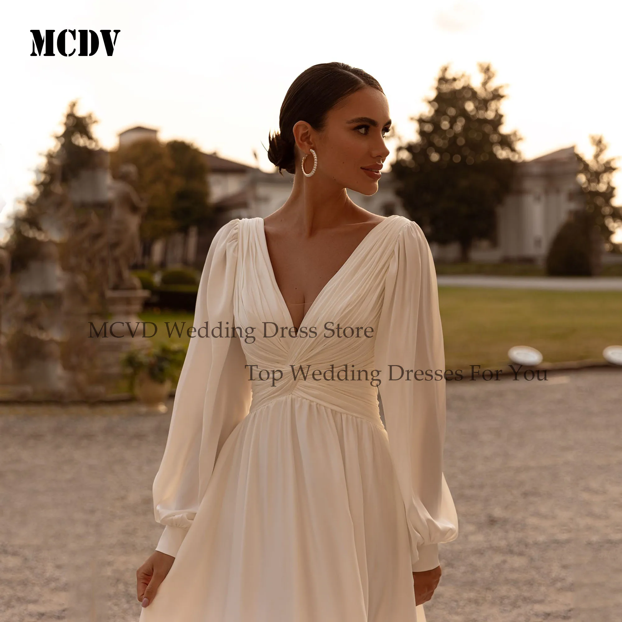 Chiffon A-Line Civil Wedding Dress Puff Sleeve V Neck Backless Vestido Noiva Minimalist Ivory Bride Party Gowns Customized