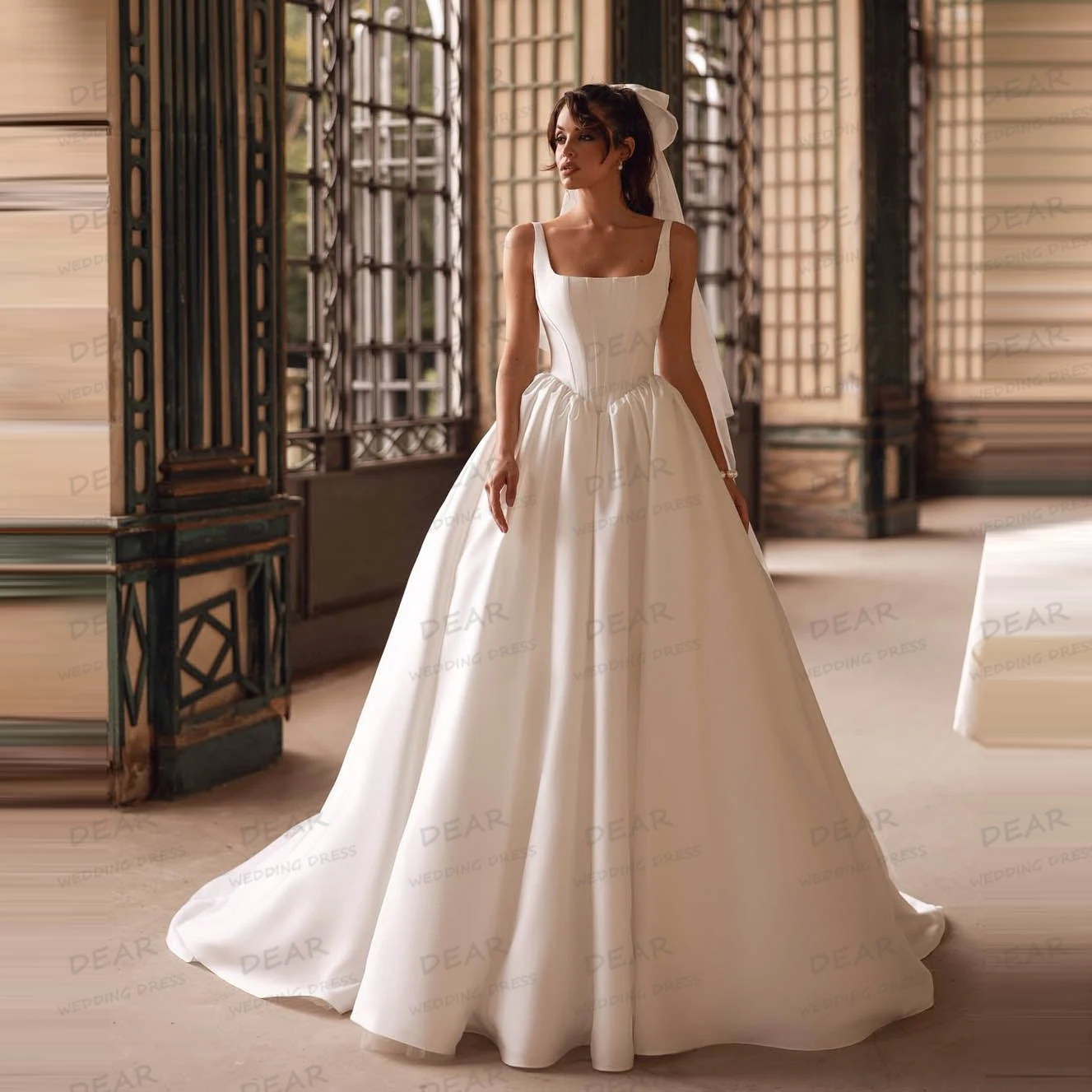 Simple Boat Neck Wedding Dresses Women's Backless Sweep Train Satin Sleeveless Formal Bride Gowns Vestidos De Novia Customized
