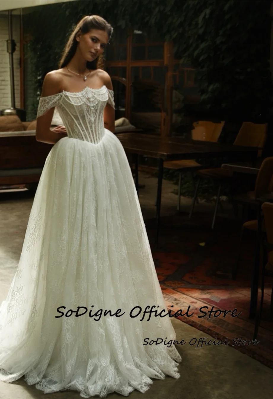  SoDigne A-line Off Shoulder Lace Wedding Dresses Sleeveless Bridal Dress Boho Long Bride Gown Vestidos De Novia Customized